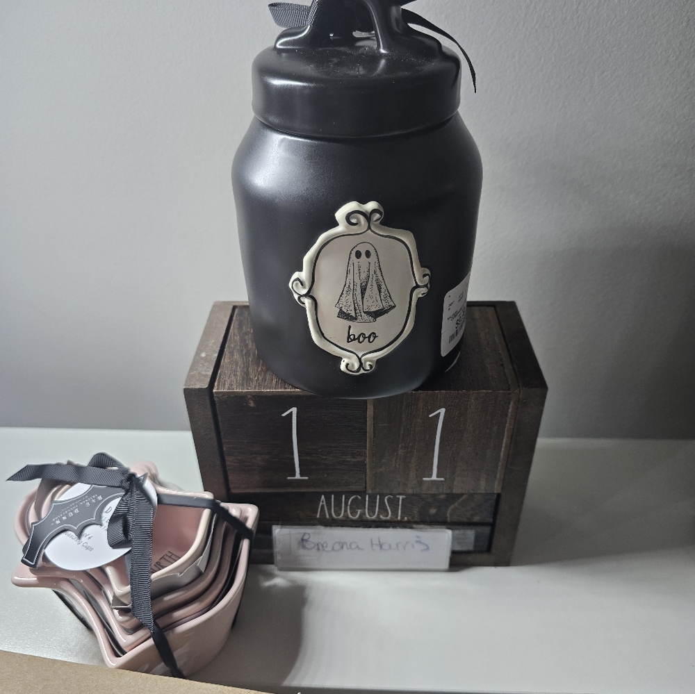 Rae Dunn Ghost Canister and PINK ghost measuring cups